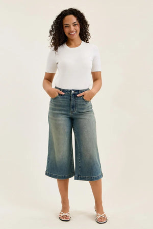 Judy Blue High Waist Marian Culotte with Side Shaping Seams Jeans Medium Warm Tinted Indigo