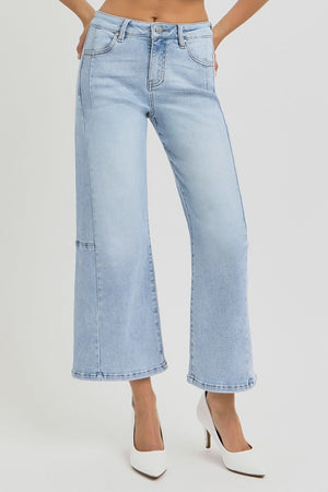 RISEN High Waist Seamed Detail Wide Leg Crop Jeans