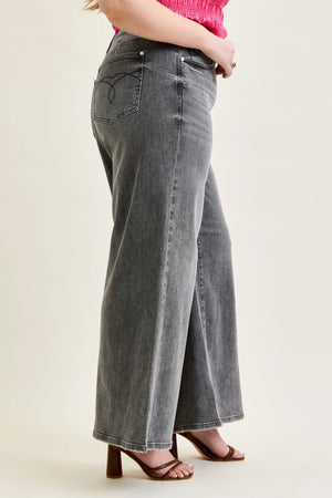Judy Blue Mid Rise Palazzo Split Back Yoke Washed Grey Jeans