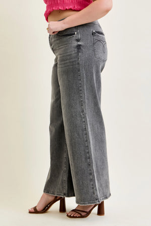 Judy Blue Mid Rise Palazzo Split Back Yoke Washed Grey Jeans