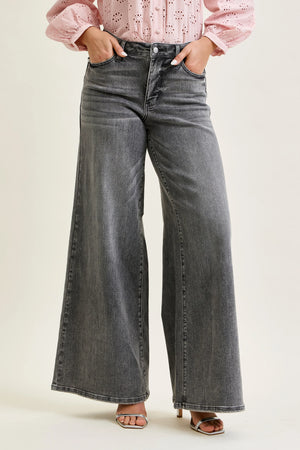 Judy Blue Mid Rise Palazzo Split Back Yoke Washed Grey Jeans