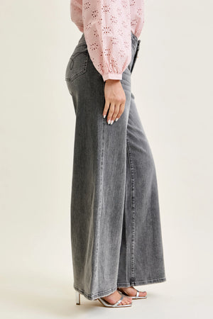 Judy Blue Mid Rise Palazzo Split Back Yoke Washed Grey Jeans