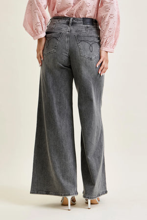 Judy Blue Mid Rise Palazzo Split Back Yoke Washed Grey Jeans
