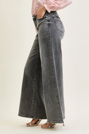 Judy Blue Mid Rise Palazzo Split Back Yoke Washed Grey Jeans