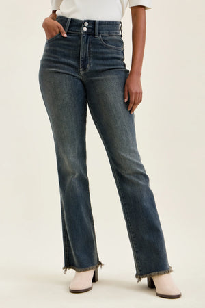 Judy Blue High Waist Daisy Double Button Frayed Hem Bootcut Jeans – Vintage Grey Cast