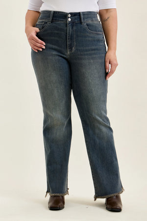 Judy Blue High Waist Daisy Double Button Frayed Hem Bootcut Jeans – Vintage Grey Cast