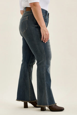 Judy Blue High Waist Daisy Double Button Frayed Hem Bootcut Jeans – Vintage Grey Cast