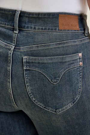 Judy Blue High Waist Daisy Double Button Frayed Hem Bootcut Jeans – Vintage Grey Cast