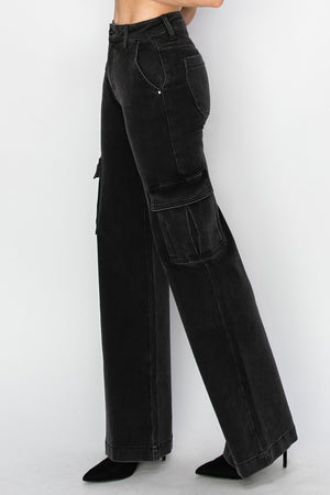 Risen High Waist Wide Leg Cargo Jeans Black