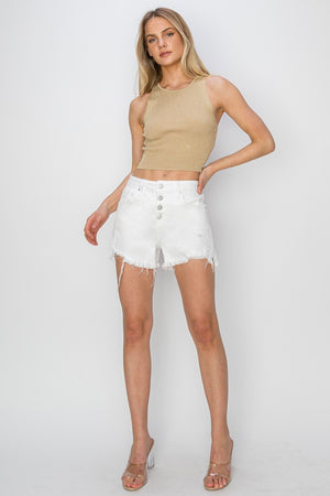 RISEN High Waist Button Fly Frayed Hem Denim Shorts White