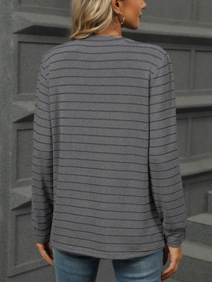 Striped Notched V Neck Long Sleeve Top - 5 colors