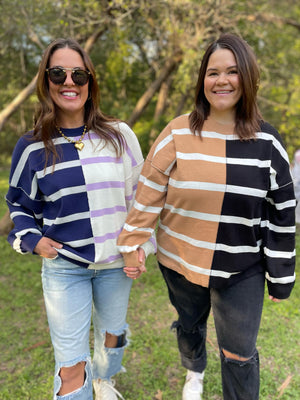 Striped Round Neck Long Sleeve Knit Sweater Top - 4 colors