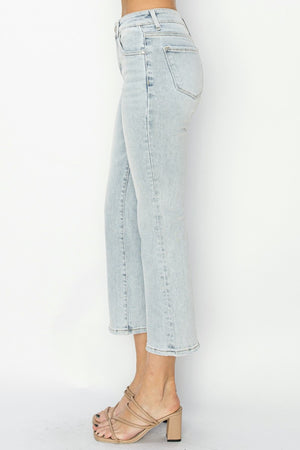 RISEN Mid Rise Non Distressed Cropped Flare Jeans in Light Wash
