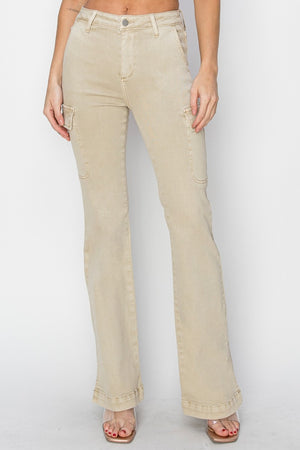RISEN High Rise Side Slit Cargo Bootcut Jeans Stone