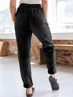 Corduroy Drawstring Pull On Pants with Patch Pockets - 4 colors