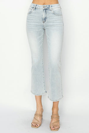 RISEN Mid Rise Non Distressed Cropped Flare Jeans in Light Wash