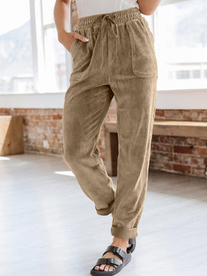 Corduroy Drawstring Pull On Pants with Patch Pockets - 4 colors