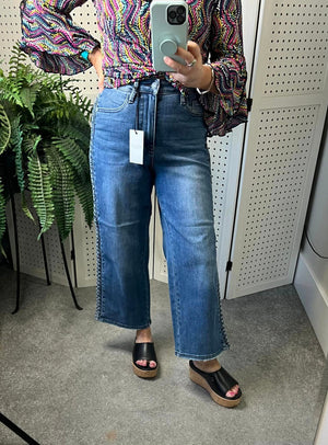 Judy Blue High Waist Braided Detail Crop Wide Leg Jeans