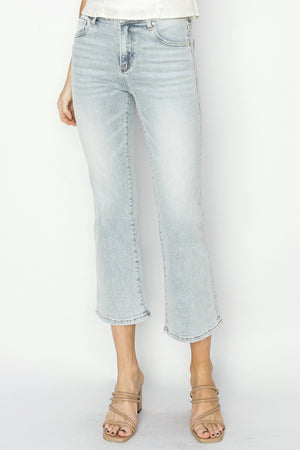 RISEN Mid Rise Non Distressed Cropped Flare Jeans in Light Wash