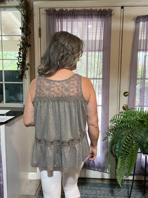 Lace Yoke Peplum Tank Heathered Taupe Grey