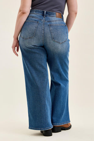 Judy Blue High Waist Tummy Control Leopard Waistband Lux Retro Wide Leg Jeans
