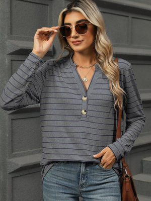 Striped Notched V Neck Long Sleeve Top - 5 colors