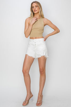 RISEN High Waist Button Fly Frayed Hem Denim Shorts White