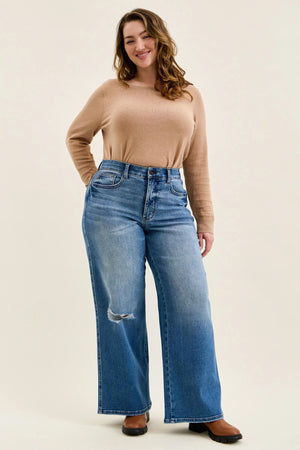 Judy Blue High Waist Tummy Control Leopard Waistband Lux Retro Wide Leg Jeans