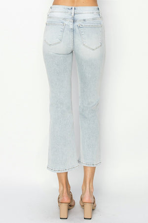 RISEN Mid Rise Non Distressed Cropped Flare Jeans in Light Wash