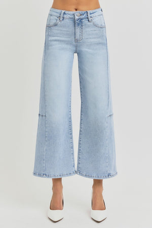 RISEN High Waist Seamed Detail Wide Leg Crop Jeans