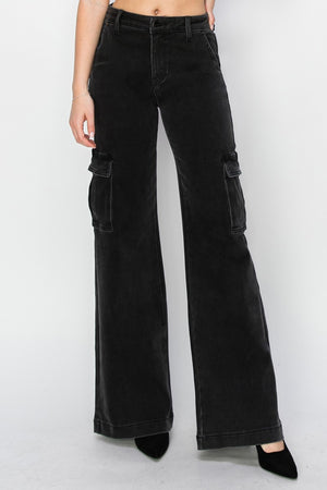 Risen High Waist Wide Leg Cargo Jeans Black