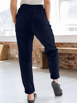 Corduroy Drawstring Pull On Pants with Patch Pockets - 4 colors