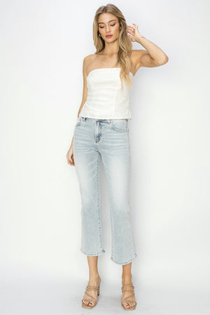 RISEN Mid Rise Non Distressed Cropped Flare Jeans in Light Wash