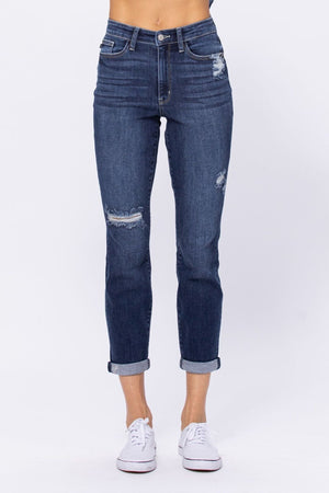Judy Blue High Waist Dark Wash Distressed Boyfriend Jeans