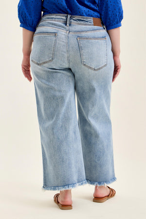 Judy Blue Mid Rise Ankle Wide Leg Hollywood Waistband Fray Hem Jeans