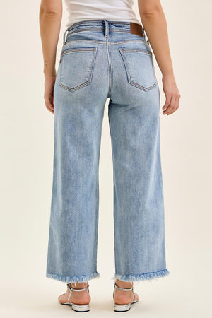 Judy Blue Mid Rise Ankle Wide Leg Hollywood Waistband Fray Hem Jeans