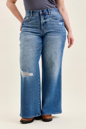 Judy Blue High Waist Tummy Control Leopard Waistband Lux Retro Wide Leg Jeans
