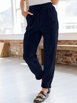 Corduroy Drawstring Pull On Pants with Patch Pockets - 4 colors