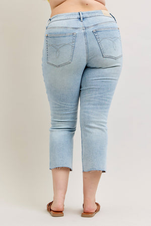 Judy Blue Mid Rise Kick Flare Raw Hem Cropped Jeans