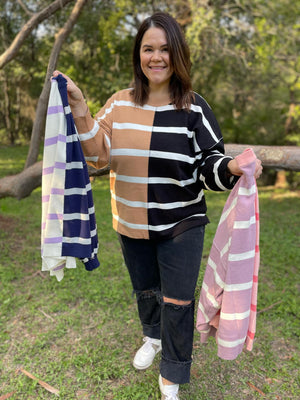 Striped Round Neck Long Sleeve Knit Sweater Top - 4 colors