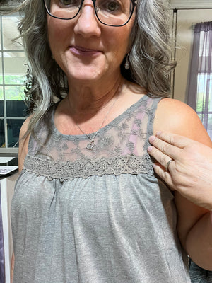 Lace Yoke Peplum Tank Heathered Taupe Grey