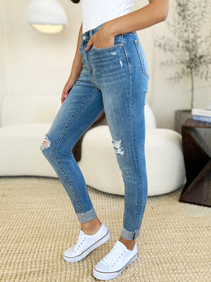 Judy Blue Mid Rise Distressed Cuffed Skinny Jeans