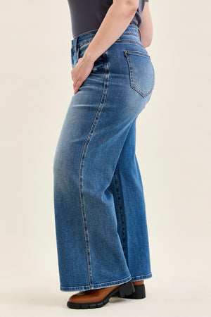 Judy Blue High Waist Tummy Control Leopard Waistband Lux Retro Wide Leg Jeans