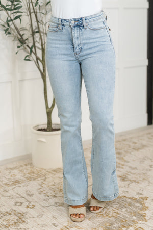 Judy Blue High Waist Tummy Control Vintage Light Wash Side Slit Slim Bootcut Jeans