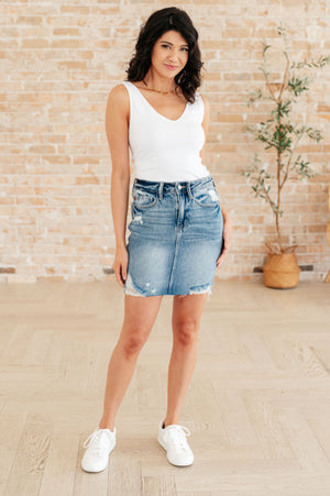 Judy Blue High Rise Rigid Distressed Magic Denim Skirt
