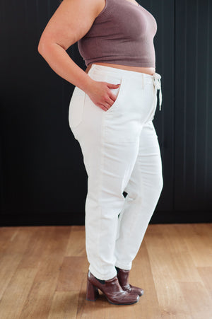 Judy Blue High Rise Denim Drawstring Waistband Jogger in Ecru