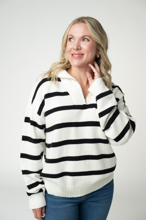 Quarter Zip Striped Pullover - Black and White by Michelle Mae