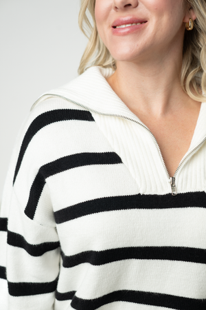 Quarter Zip Striped Pullover - Black and White by Michelle Mae