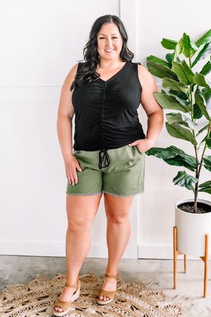 Zenana Summer Blend Lightweight Drawstring Shorts In Olive