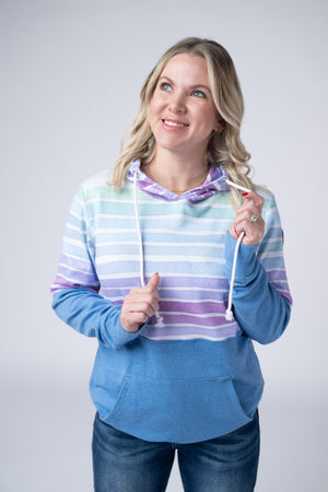 Hailey Pullover Hoodie - Rainbow Stripes and Blue by Michelle Mae